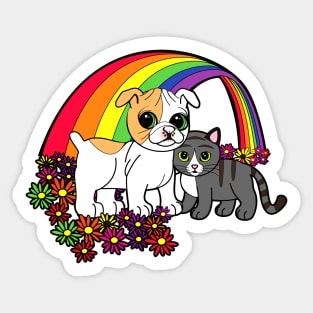 Cute Puppy and Kitty over the Rainbow Sticker